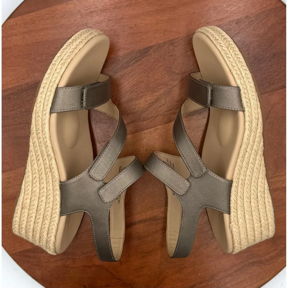 Abeo‎ Riviera Adjustable Wedge Espadrille Sandal Fossil Leather Womens 7.5 MET